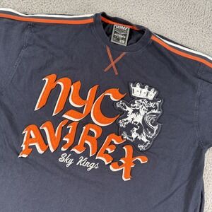 Avirex Shirt Mens Large Blue NYC Sky Kings Lion Embroidered Streetwear Cotton